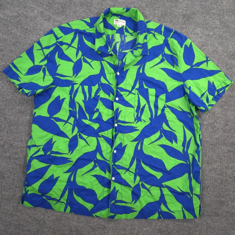 J Crew Camp Shirt Mens XXL Green Blue Floral AOP Slub Cotton Loop Collar Resort